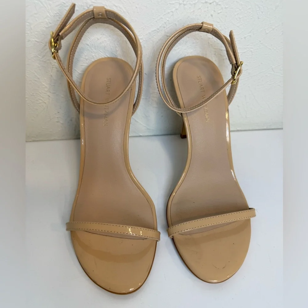 Stuart Weitzman Dancer 95 Patent Leather Sandals Beige Size 6.5 - Picture 2 of 7